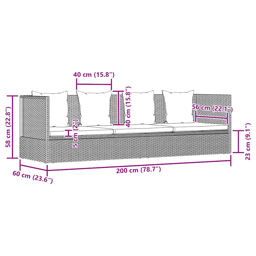 Sofá de jardim com almofadão e almofada vime PE preto