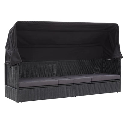 Sofá-cama de exterior com toldo vime PE preto