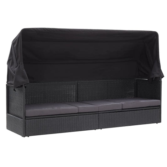 Sofá-cama de exterior com toldo vime PE preto