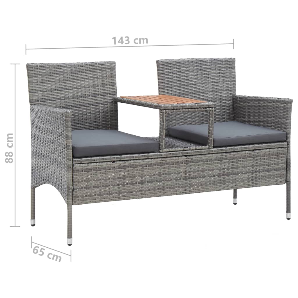 Banco de jardim 2 lugares com mesa centro 143 cm vime PE cinza