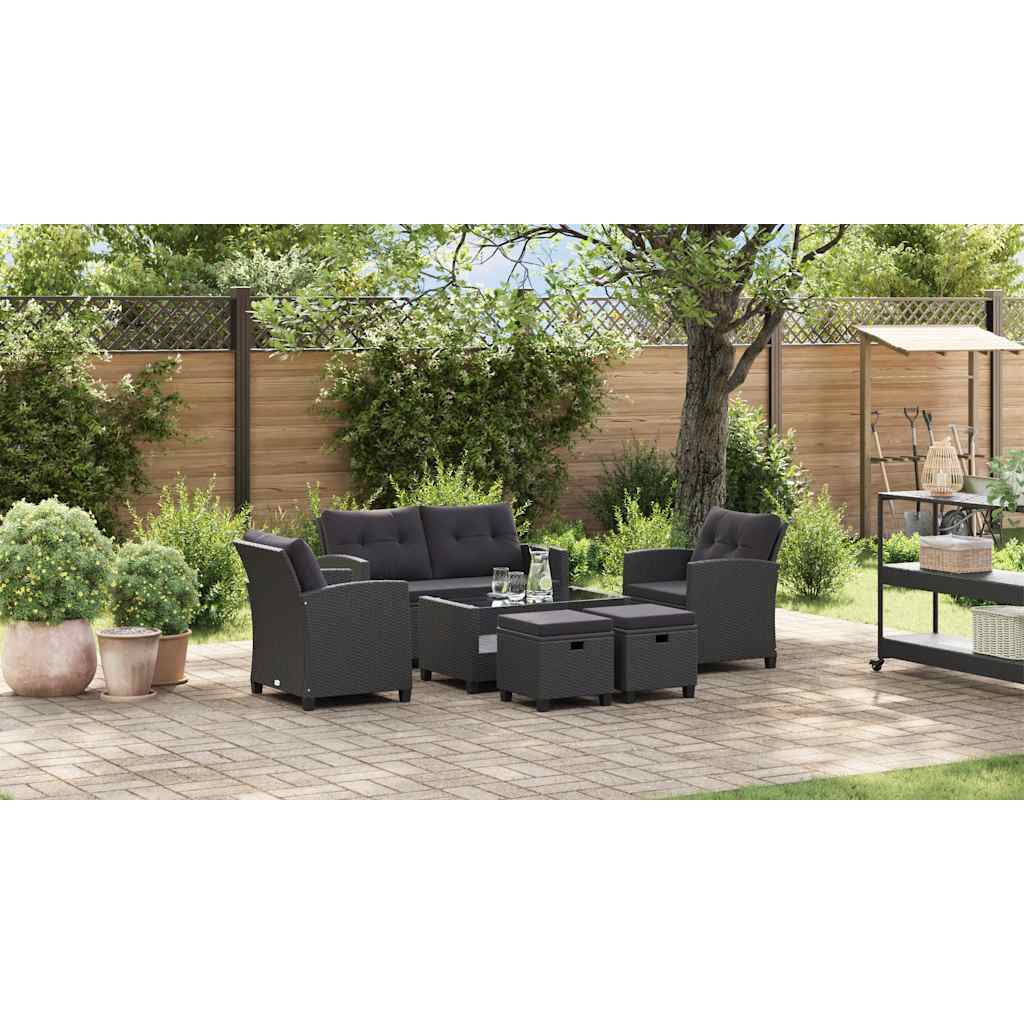 6 pcs conjunto sofás de jardim c/ almofadões vime PE preto