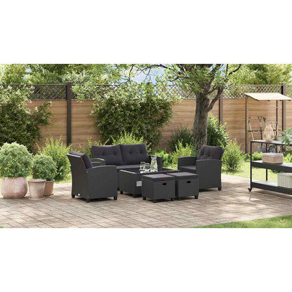 6 pcs conjunto sofás de jardim c/ almofadões vime PE preto