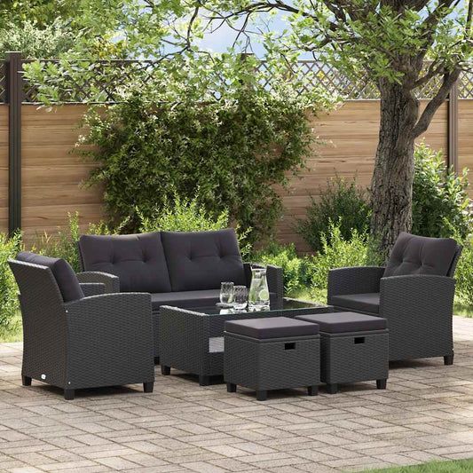 6 pcs conjunto sofás de jardim c/ almofadões vime PE preto