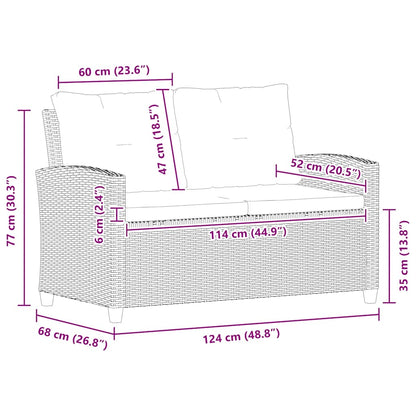Sofá de jardim 2 lugares com almofadões 124 cm vime PE cinzento