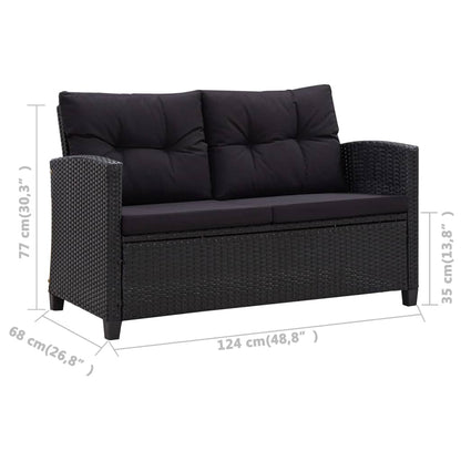 Sofá de jardim 2 lugares com almofadões 124 cm vime PE preto