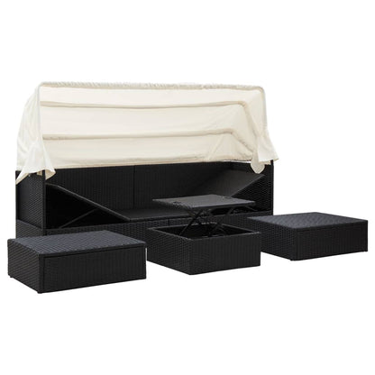 Espreguiçadeira de jardim com teto vime PE preto