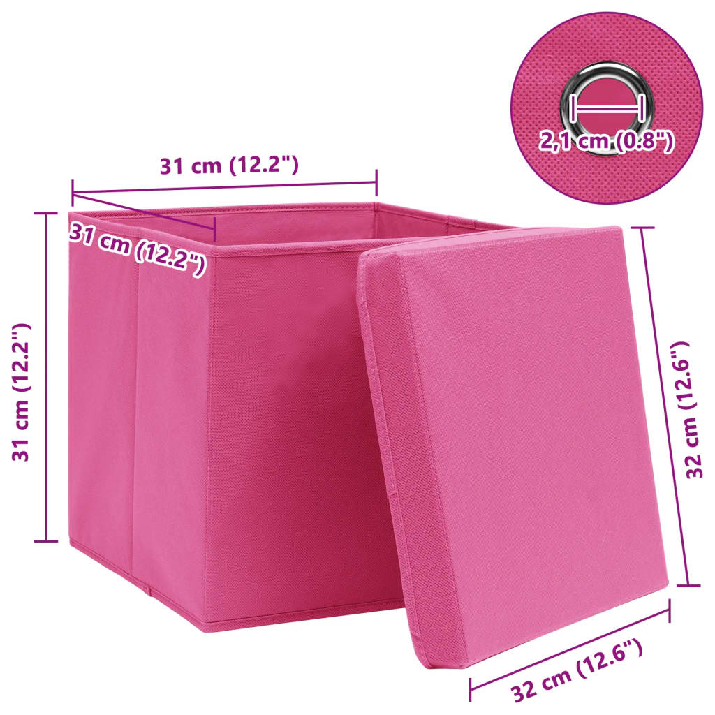 Caixas de arrumação com tampas 10 pcs 32x32x32 cm tecido rosa