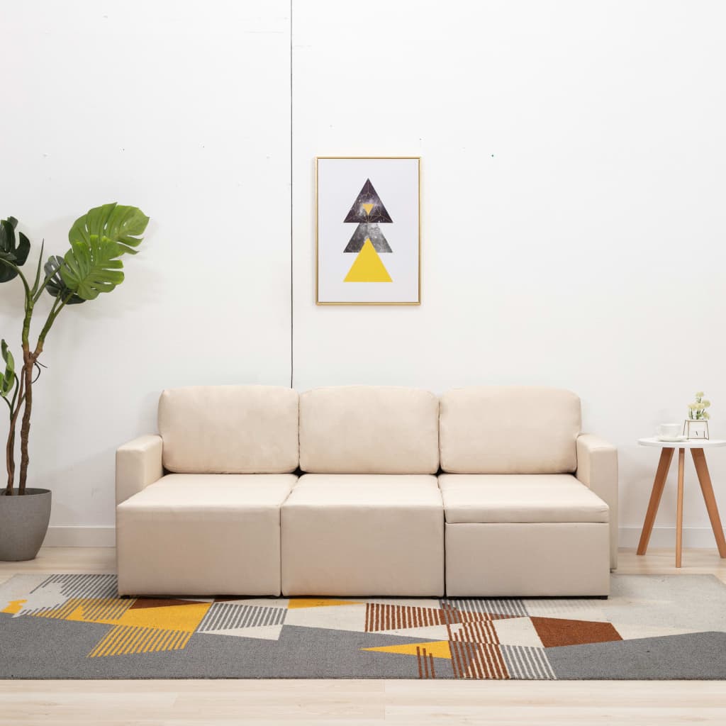 Sofá-cama modular de 3 lugares tecido creme