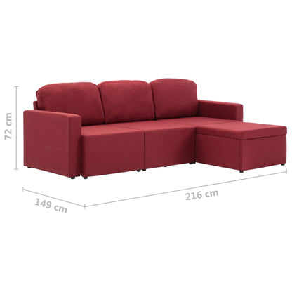 Sofá-cama modular de 3 lugares tecido vermelho tinto