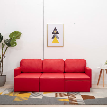 Sofá-cama modular de 3 lugares couro artificial vermelho