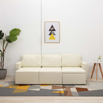 Sofá-cama modular de 3 lugares couro artificial cor creme
