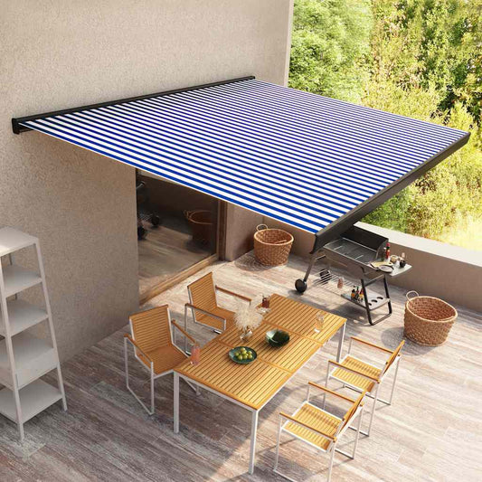 Toldo motorizado com caixa 350x250 cm azul e branco