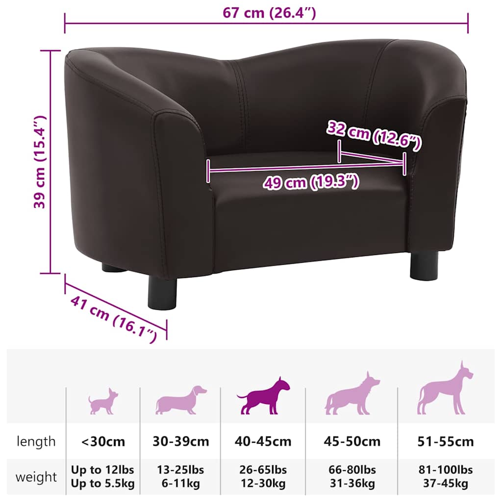 Sofá para cães 67x41x39 cm couro artificial castanho