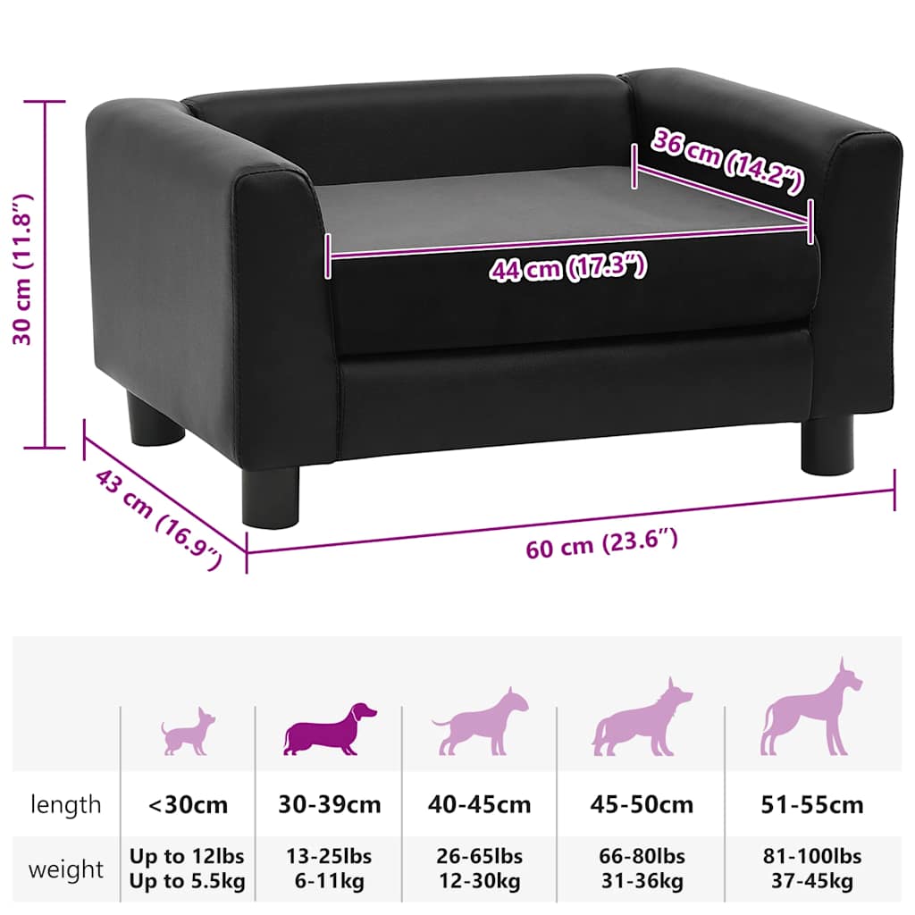 Sofá para cães 60x43x30 cm pelúcia e couro artificial preto