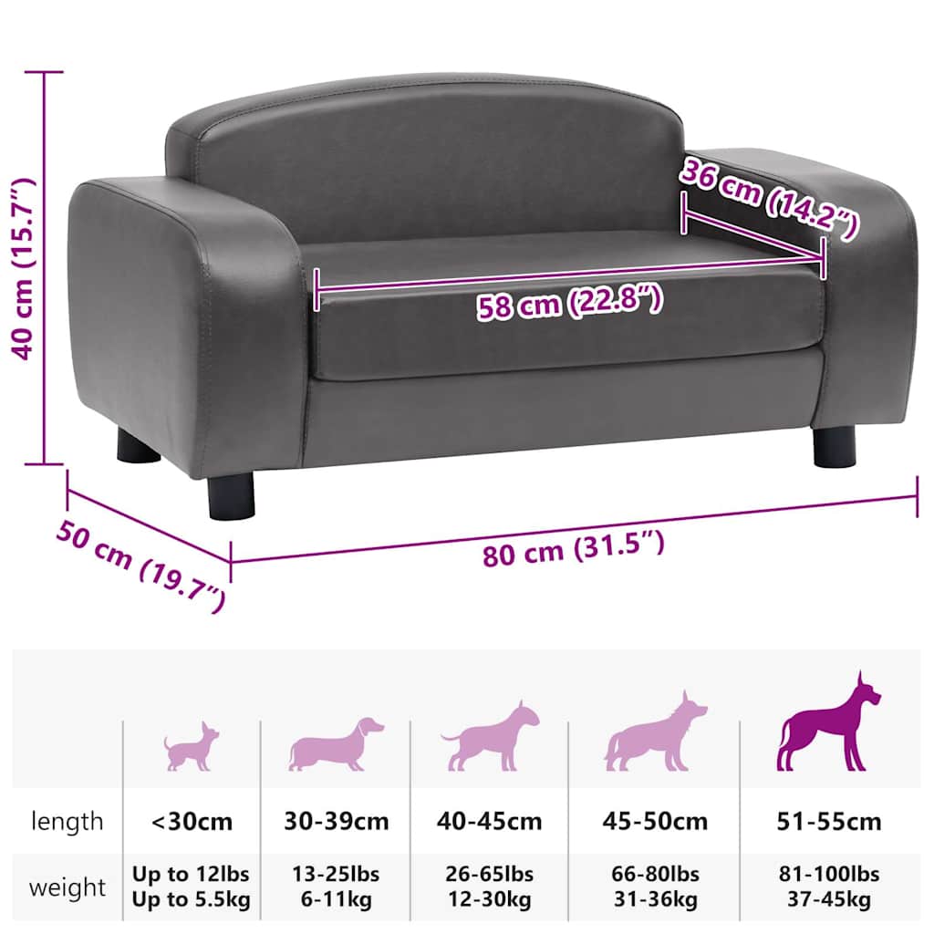 Sofá para cães 80x50x40 cm couro artificial cinzento