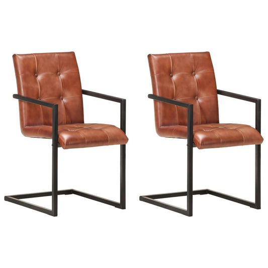 Cadeiras de jantar cantilever 2 pcs couro genuíno castanho