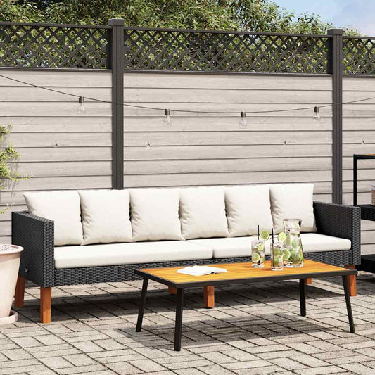 Sofá de jardim 3 lugares com almofadões vime PE preto
