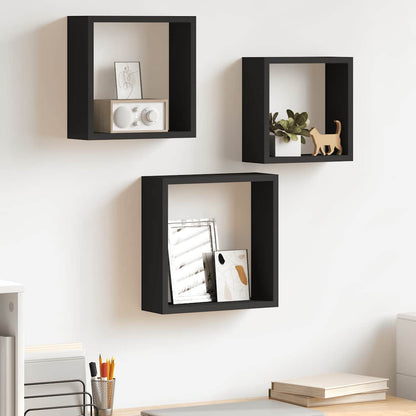 Prateleiras de parede em forma de cubo 3 pcs MDF preto