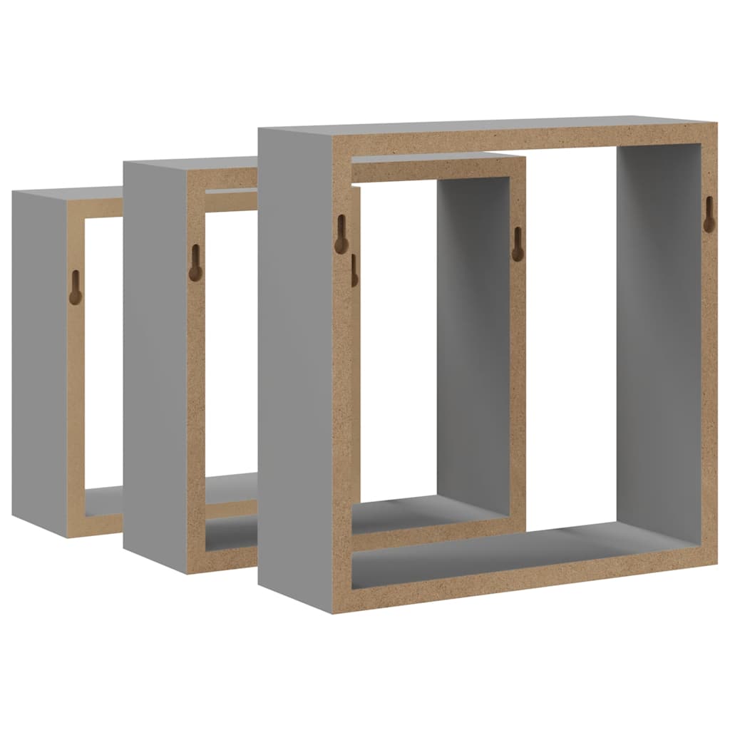 Prateleiras de parede em forma de cubo 3 pcs MDF cinzento