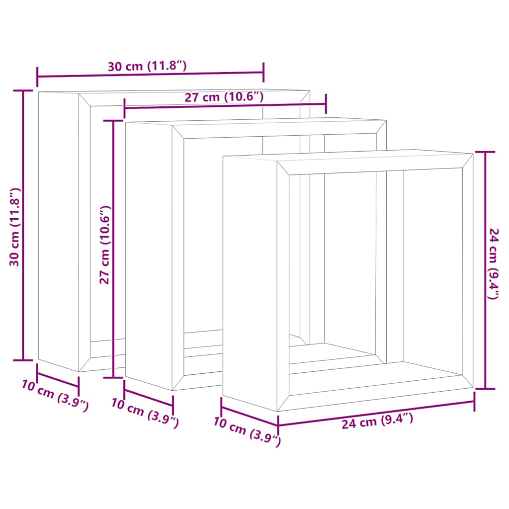 Prateleiras de parede em forma de cubo 3 pcs MDF cinzento