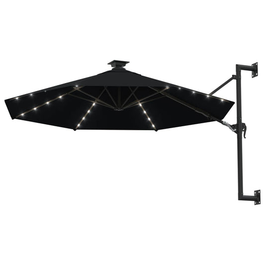 Guarda-sol para jardim de parede com luzes LED 300 cm preto