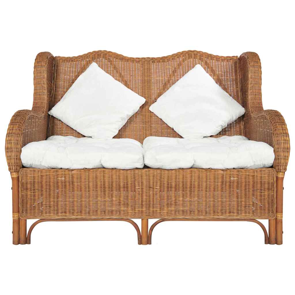 Sofá de 2 lugares vime genuíno e linho castanho-claro