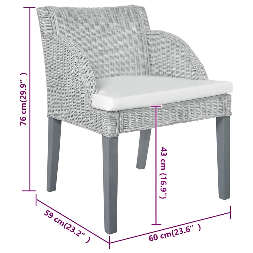 Cadeiras de jantar com almofadões 2 pcs vime natural cinzento