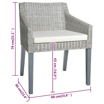 Cadeiras de jantar com almofadões 2 pcs vime natural cinzento