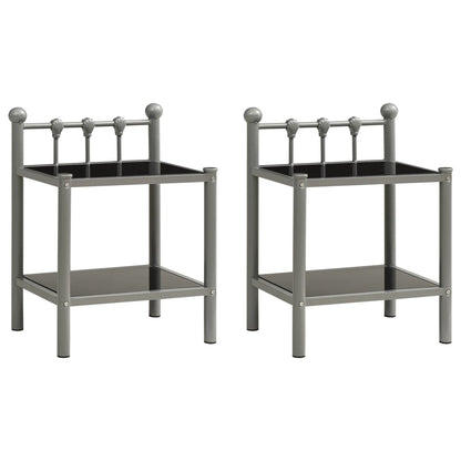 Mesas de cabeceira 2 pcs metal cinzento e vidro preto