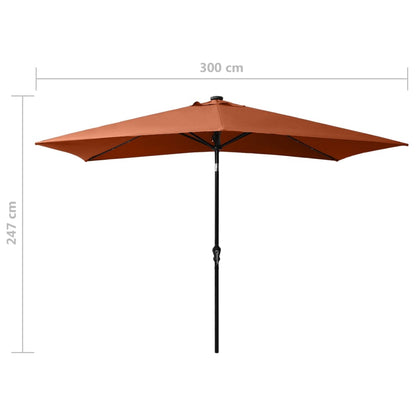 Guarda-sol de jardim c/ luzes LED e poste de aço 2x3m terracota