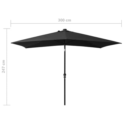 Guarda-sol de jardim com luzes LED e poste de aço 2x3 m preto