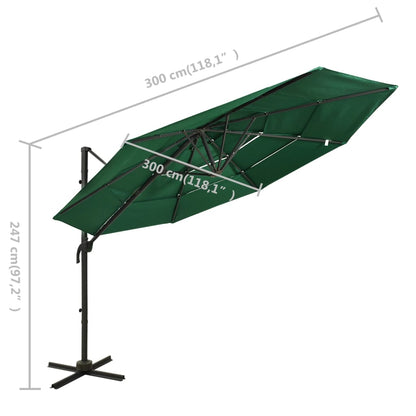 Guarda-sol de jardim 4 camadas c/ poste de alumínio 3x3 m verde