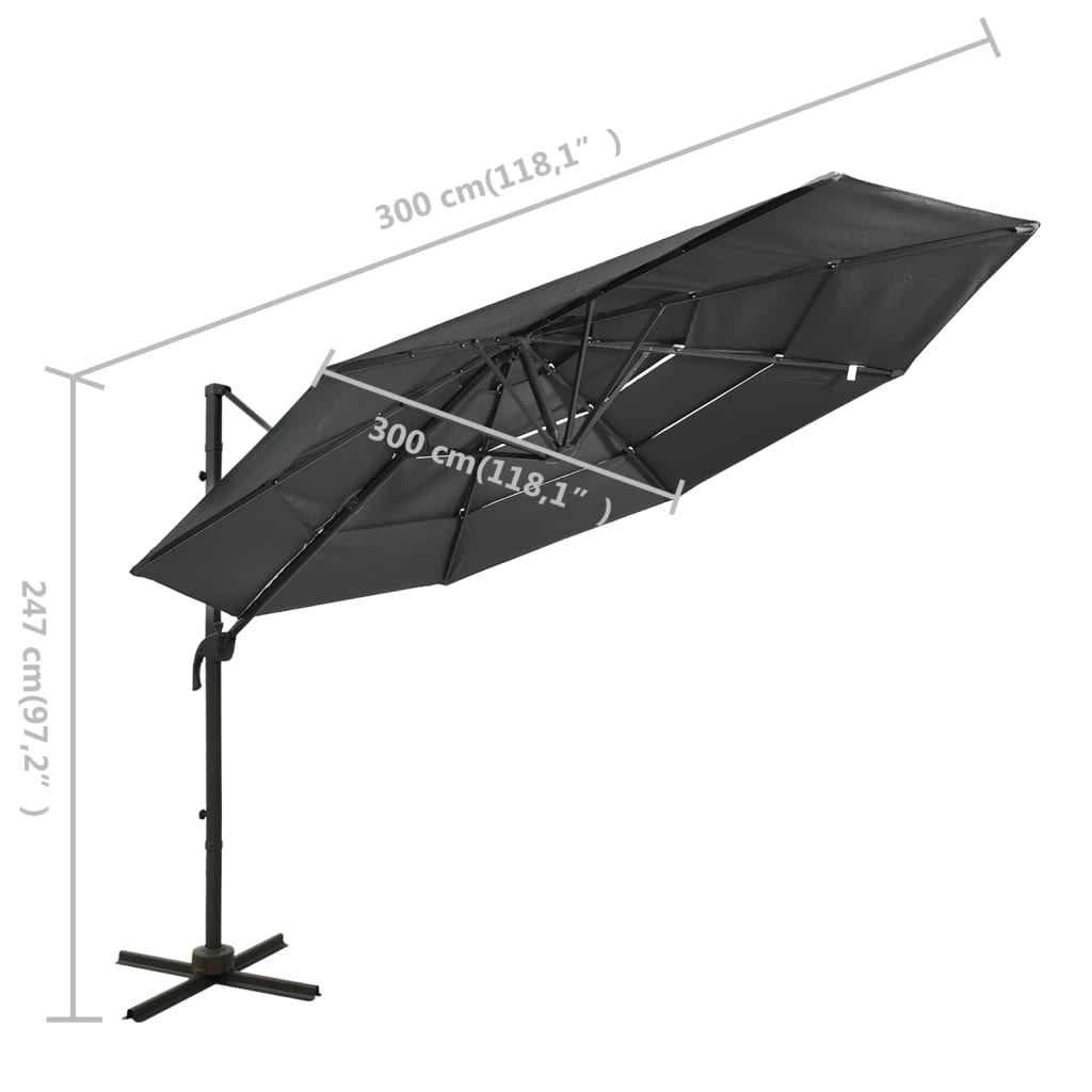 Guarda-sol de jardim 4 camadas c/ poste alumínio 3x3m antracite
