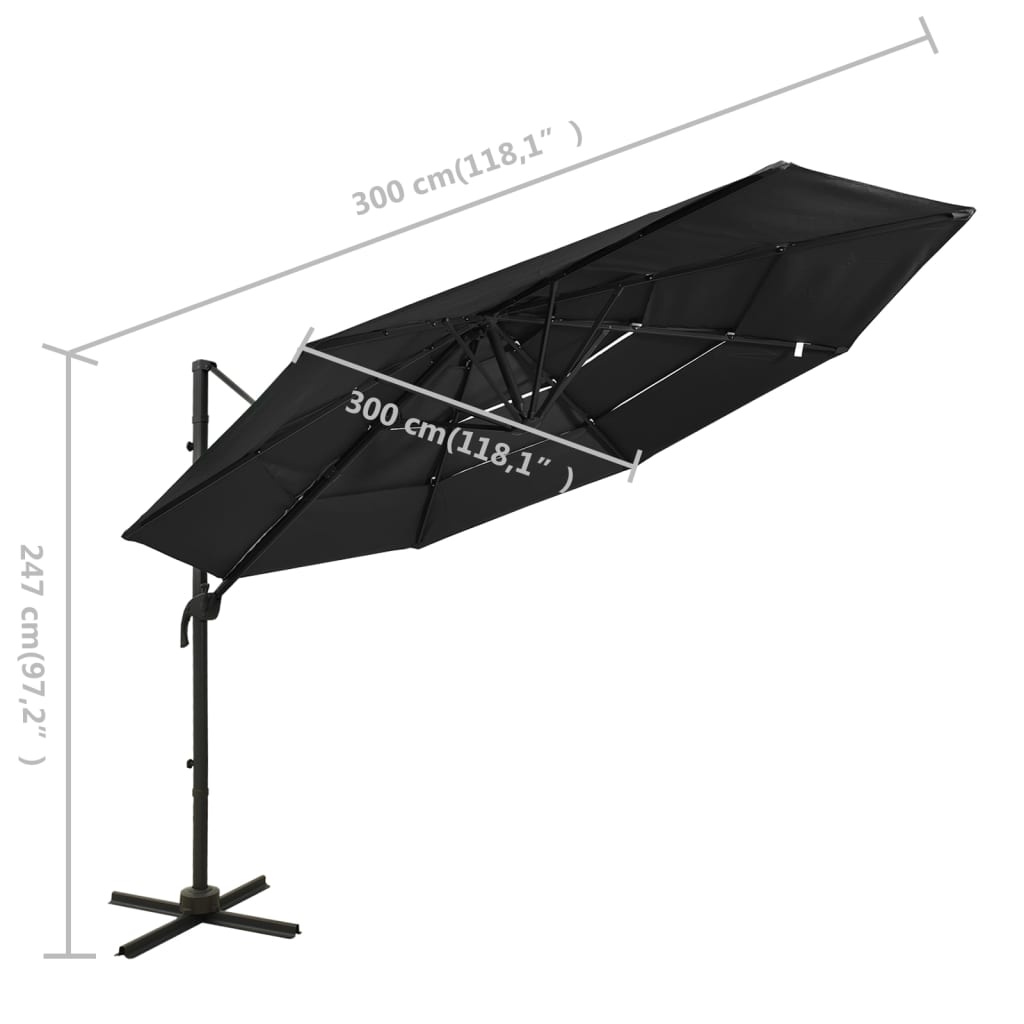 Guarda-sol de jardim 4 camadas c/ poste de alumínio 3x3 m preto