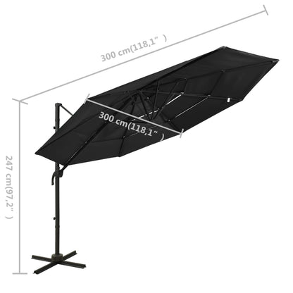Guarda-sol de jardim 4 camadas c/ poste de alumínio 3x3 m preto