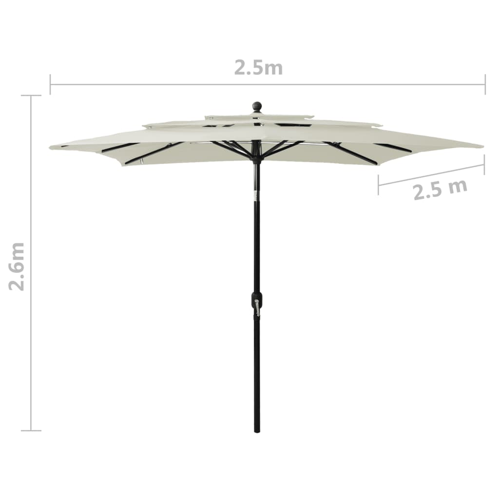 Guarda-sol de jardim 3 camadas c/ poste alumínio 2,5x2,5m areia