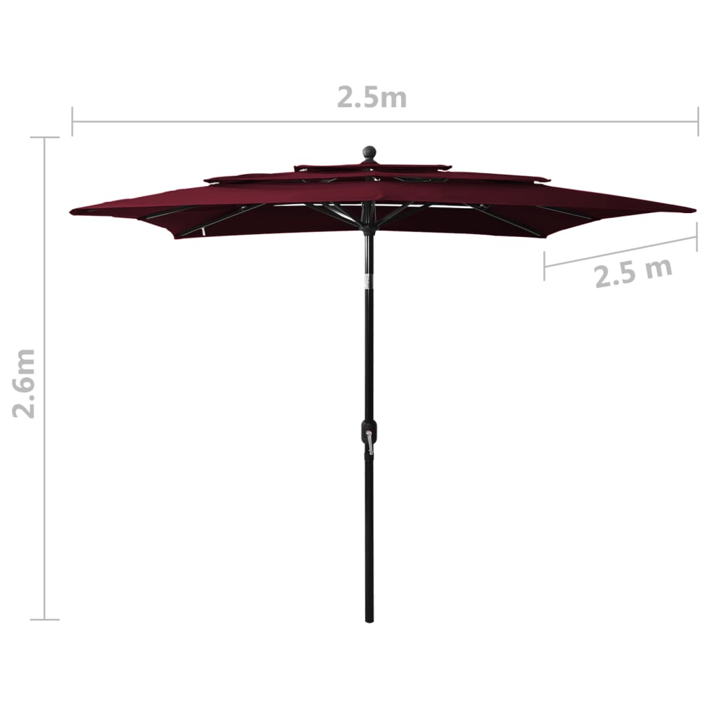Guarda-sol de jardim 3 camadas c/ poste alumínio 2,5x2,5m bordô