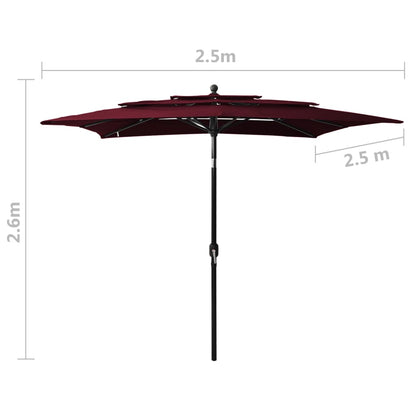 Guarda-sol de jardim 3 camadas c/ poste alumínio 2,5x2,5m bordô