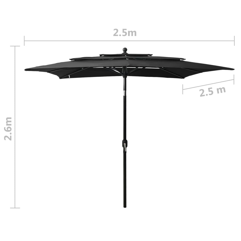 Guarda-sol de jardim 3 camadas c/ poste alumínio 2,5x2,5m preto