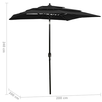 Guarda-sol de jardim 3 camadas c/ poste de alumínio 2x2 m preto