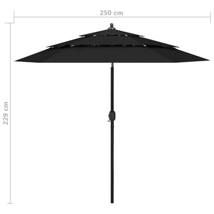 Guarda-sol de jardim 3 camadas c/ poste de alumínio 2,5 m preto