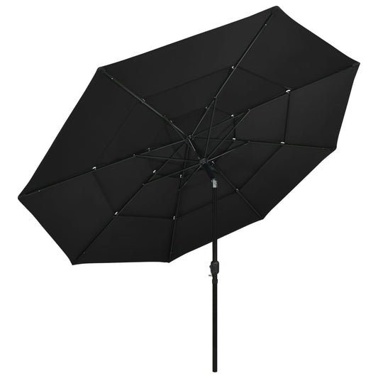 Guarda-sol de jardim 3 camadas c/ poste de alumínio 3,5 m preto
