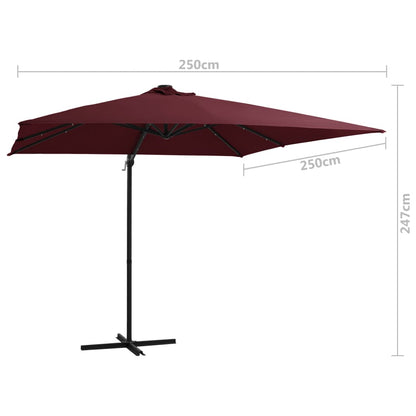 Guarda-sol de jardim cantilever c/ luzes LED 250x250 cm bordô