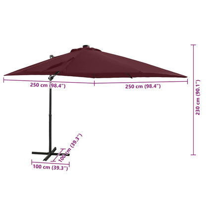 Guarda-sol de jardim com poste e luzes LED 250 cm bordô