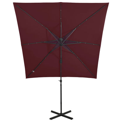 Guarda-sol de jardim com poste e luzes LED 250 cm bordô
