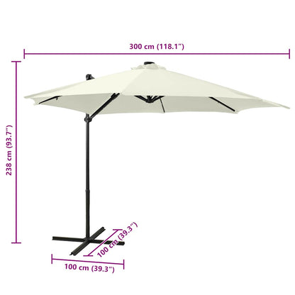 Guarda-sol jardim cantilever c/ poste e luzes LED 300 cm areia