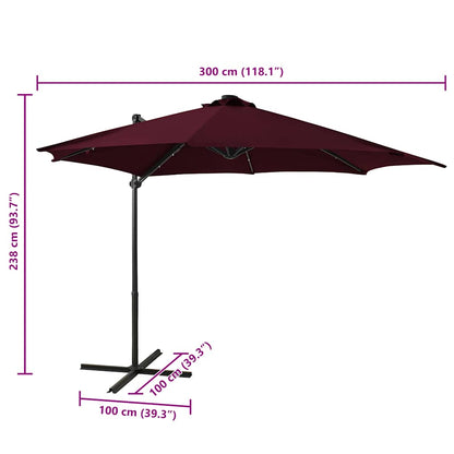 Guarda-sol jardim cantilever c/ poste e luzes LED 300 cm bordô