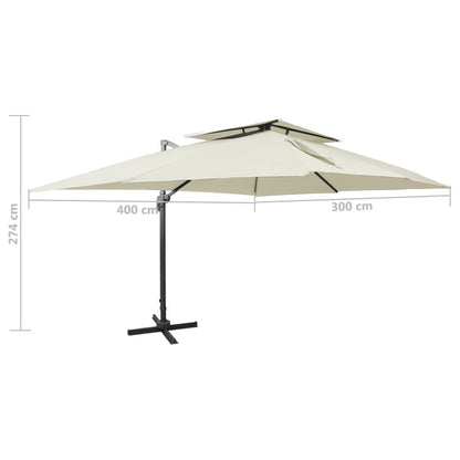 Guarda-sol de jardim cantilever com topo duplo cor areia 400x300 cm