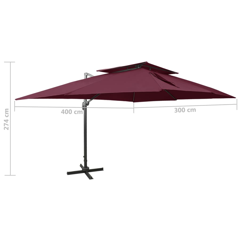 Guarda-sol de jardim cantilever com tampo duplo vermelho bordô 400x300 cm