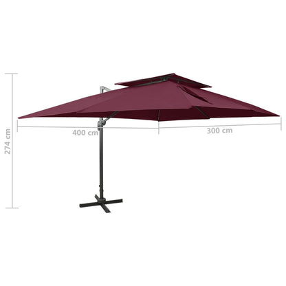 Guarda-sol de jardim cantilever com tampo duplo vermelho bordô 400x300 cm